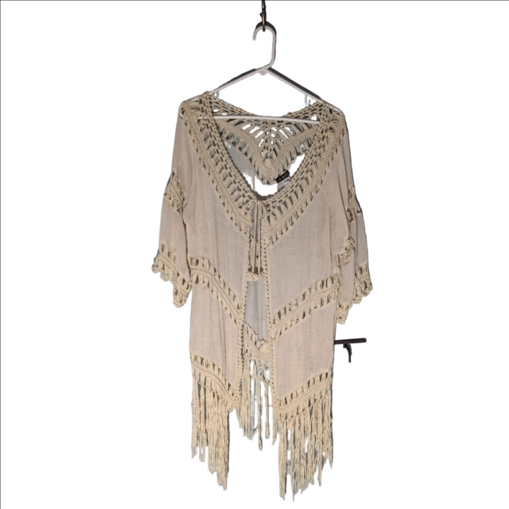 Crochet Fringe Open-Front Tunic in Cream
